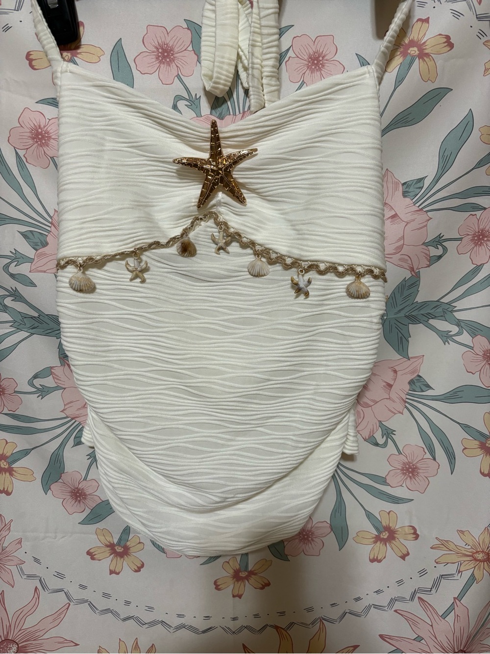 White Textured Seashell-Embellished halter top